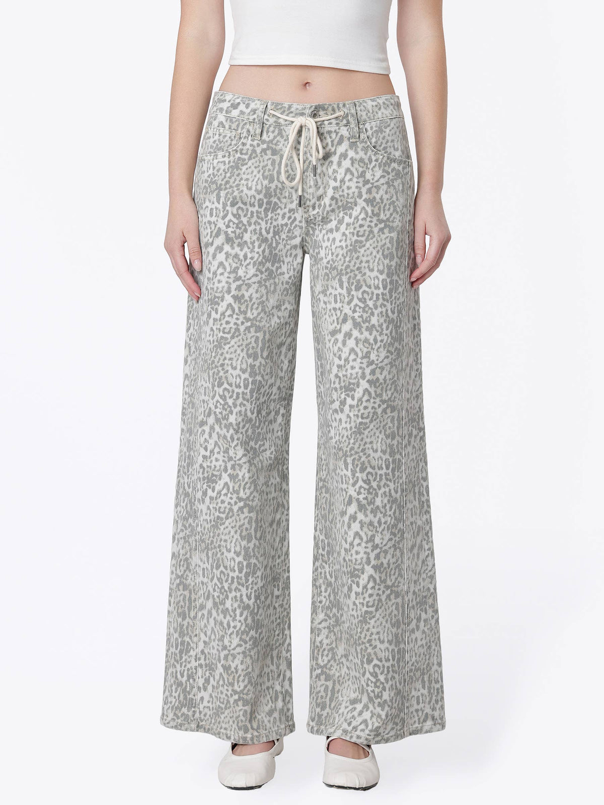 HIGH RISE LEOPARD PRINT DRAWSTRING WIDE JEANS T7517LPD
