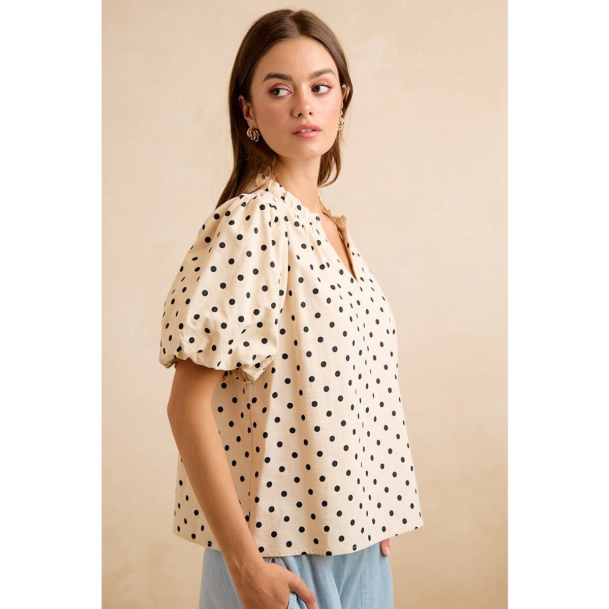 LINEN BLEND POLKA DOT PRINT BUBBLE SLEEVE BLOUSE TOP