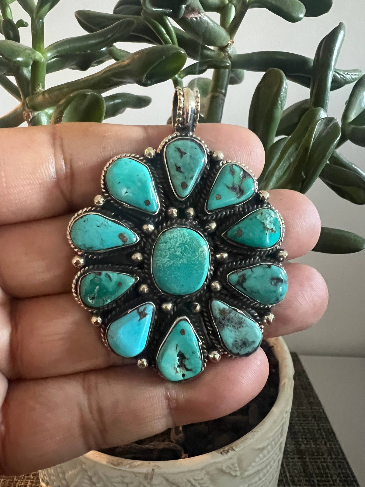 Natural Turquoise floral carved pendant, Handcrafted