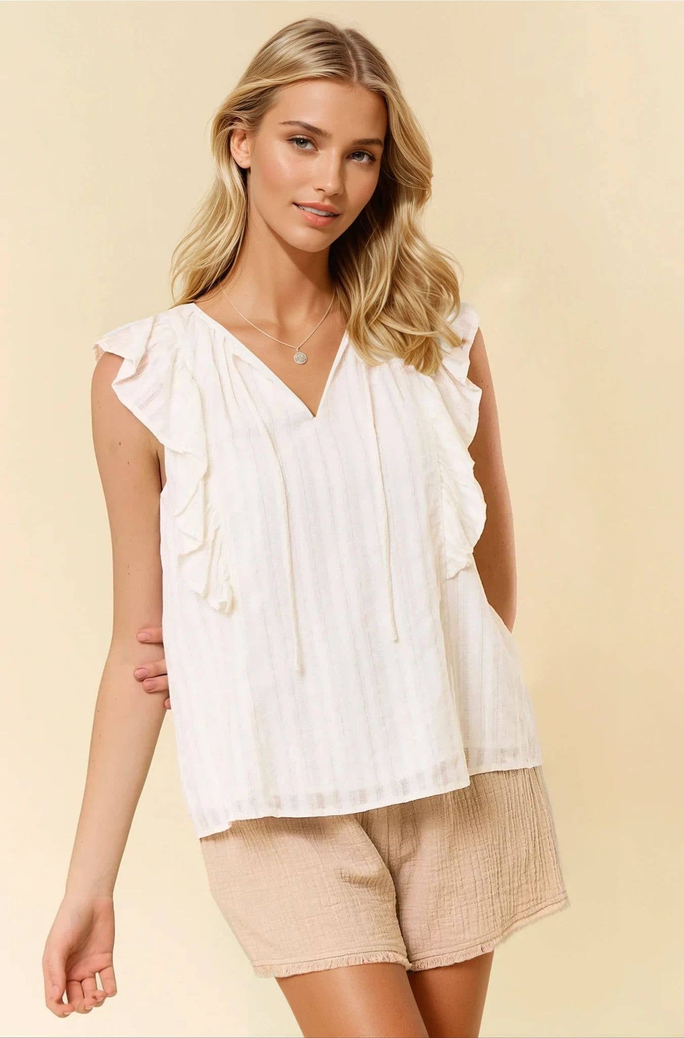 Lurex Striped Split V-Neck Sleeve Top - 44420T