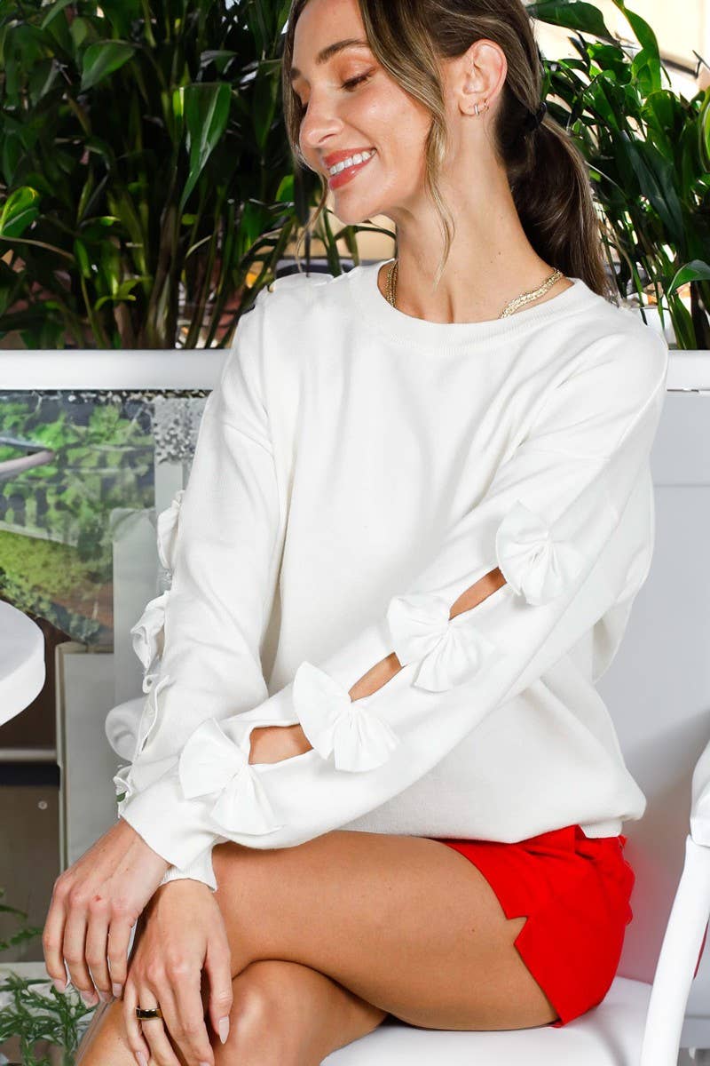 Bow Embellished Crew Neck Long-Sleeve Knit Sweater VT82605