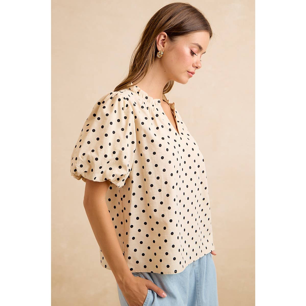 LINEN BLEND POLKA DOT PRINT BUBBLE SLEEVE BLOUSE TOP
