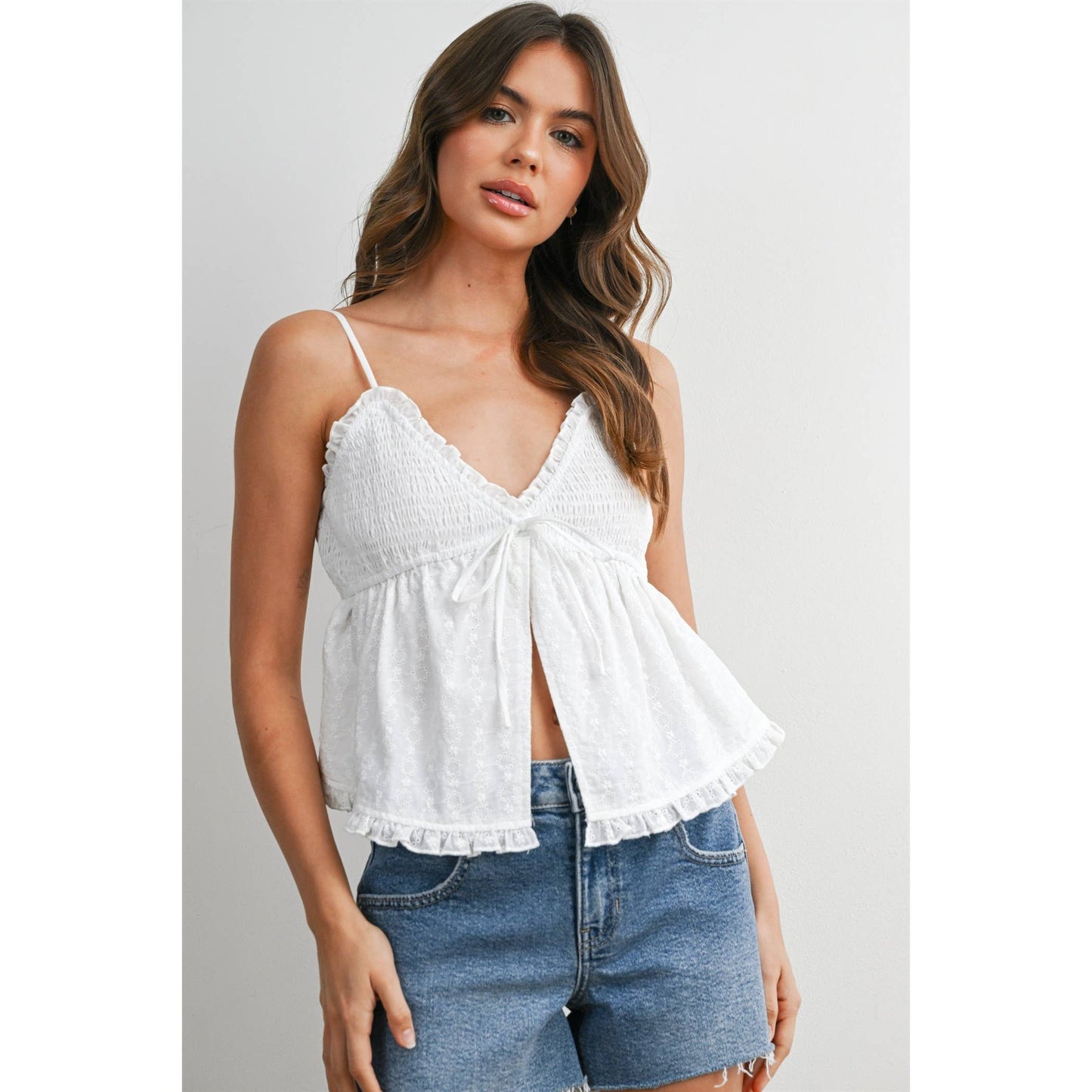 Eyelet Smocked Tie-Front Cami - BMT8406