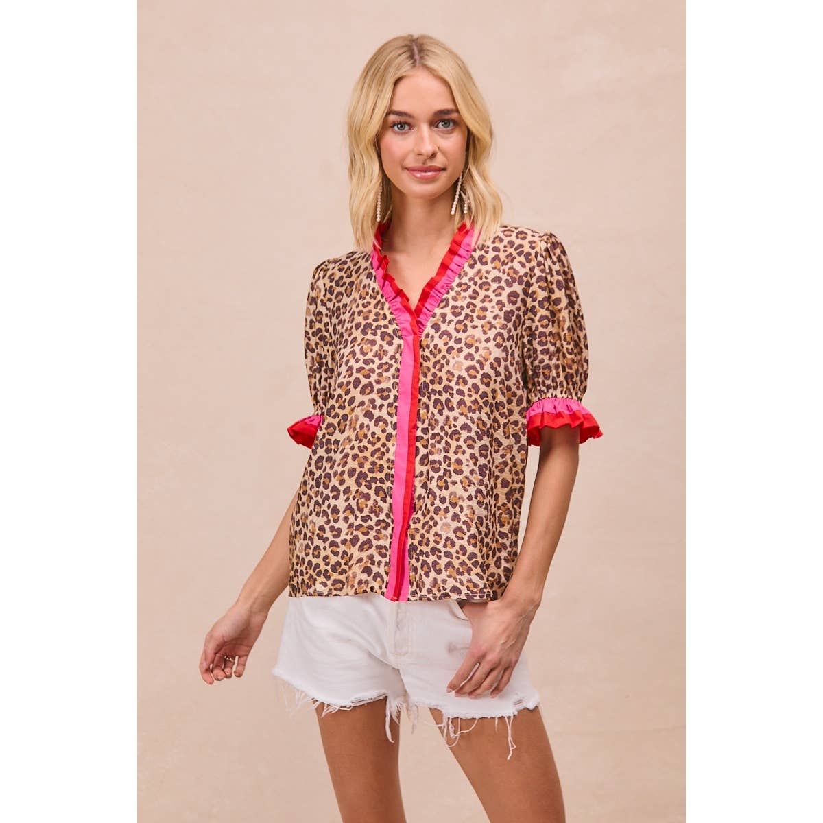 LEOPARD PRINTED WOVEN CONTRAST EDGE RUFFLED BLOUSE