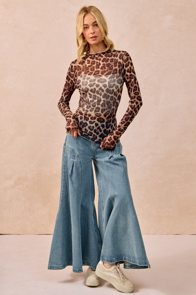 Mesh Leopard Printed Top With Long Sleeves