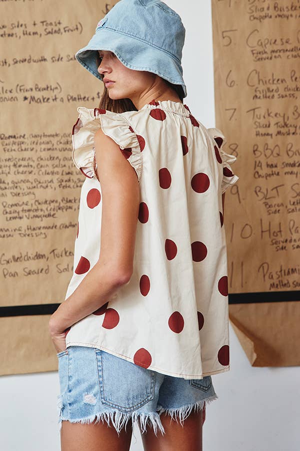 Ruffled Neck & Shoulder Polka Dot Blouse Top