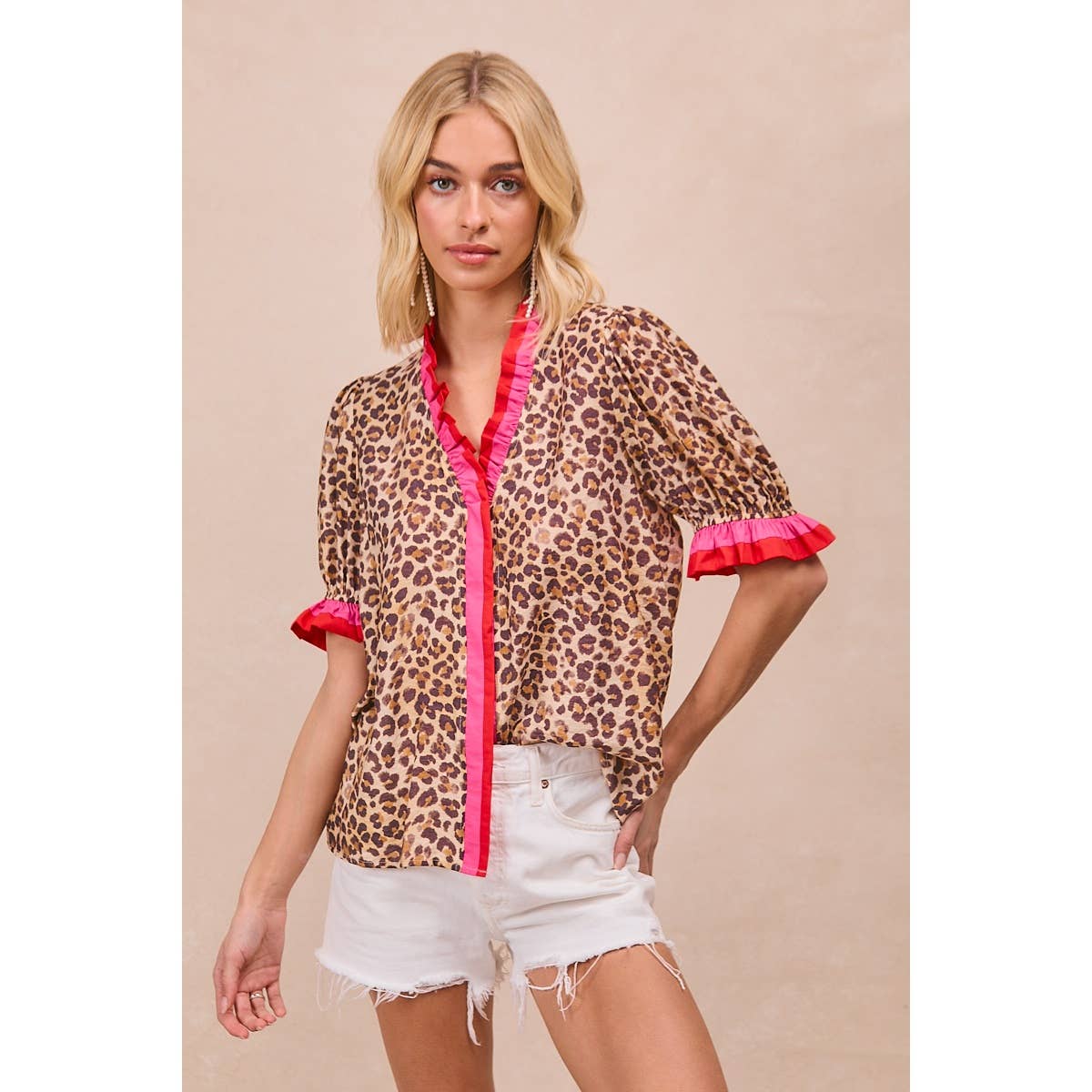 LEOPARD PRINTED WOVEN CONTRAST EDGE RUFFLED BLOUSE