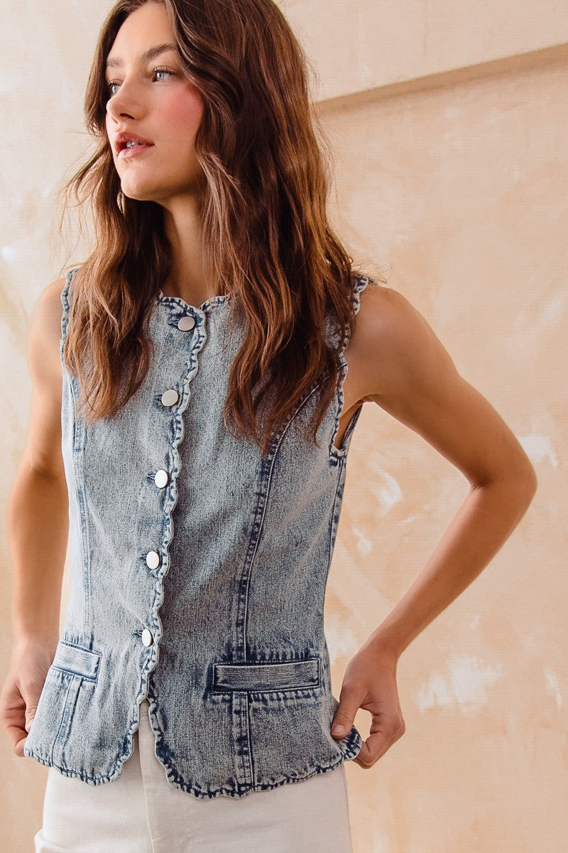Button Up Washed Denim Vest