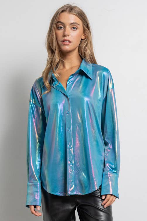 Rainbow Button Up Long Sleeve Blouse Shirt