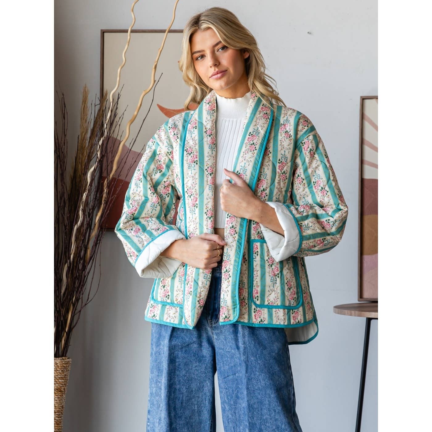 Quilted Stripe Flower Open Jacket