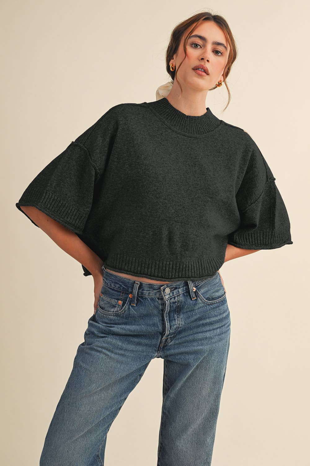 MARLED KNIT MOCK NECK SHORT SLEEVE SWEATER
