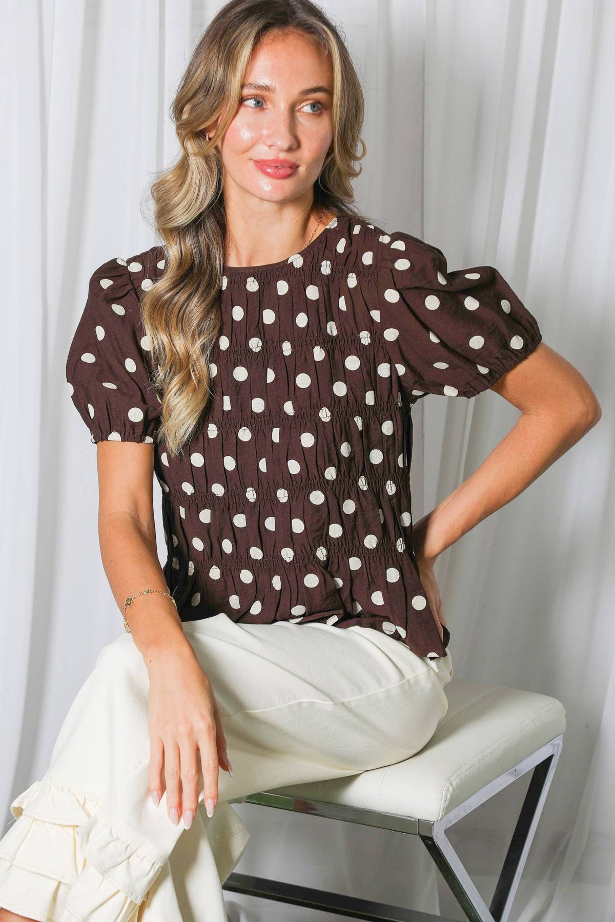 Charming Polka Dot Smocked Detailing Bodice Blouse VT83592