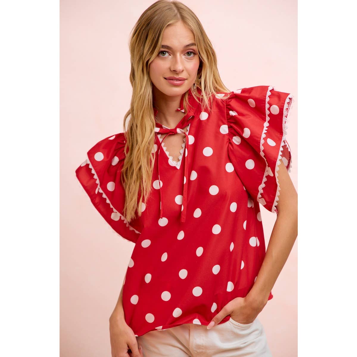 POLKA DOT PRINTED RUFFLE TRIM EDGE BLOUSE TOP