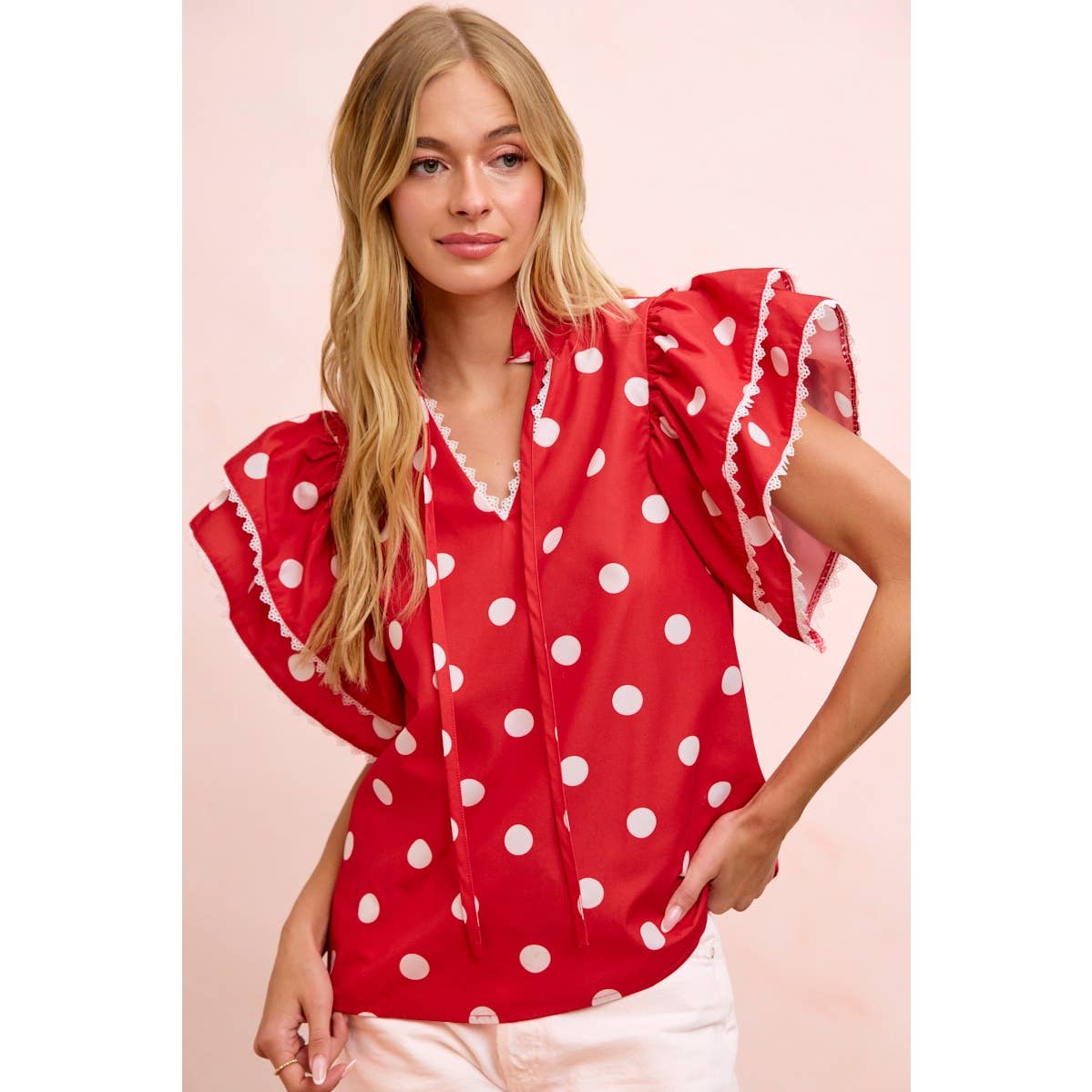POLKA DOT PRINTED RUFFLE TRIM EDGE BLOUSE TOP
