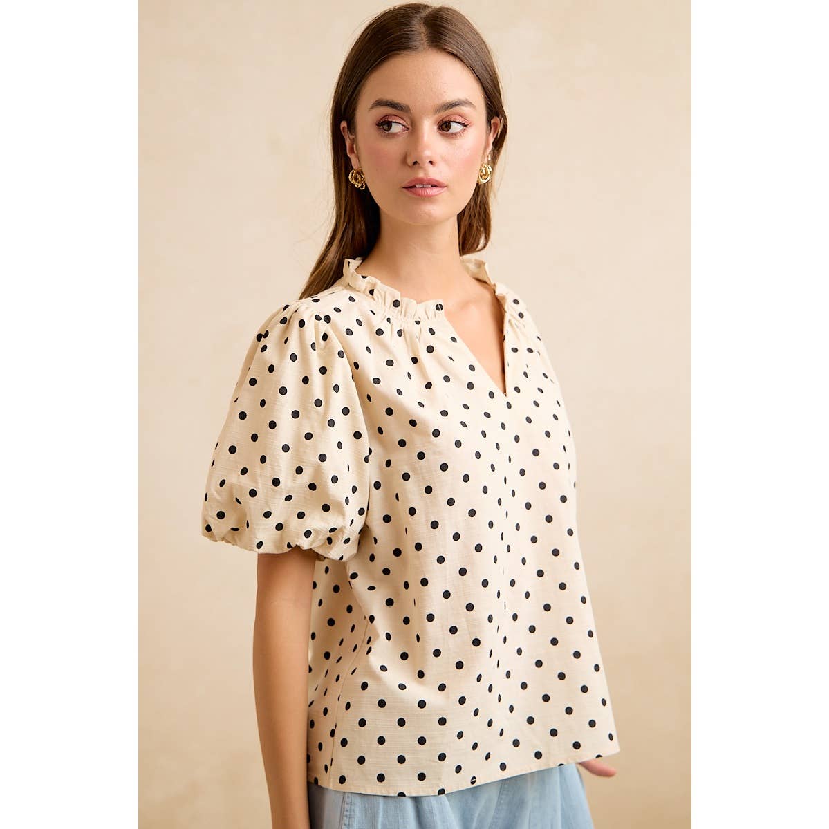 LINEN BLEND POLKA DOT PRINT BUBBLE SLEEVE BLOUSE TOP