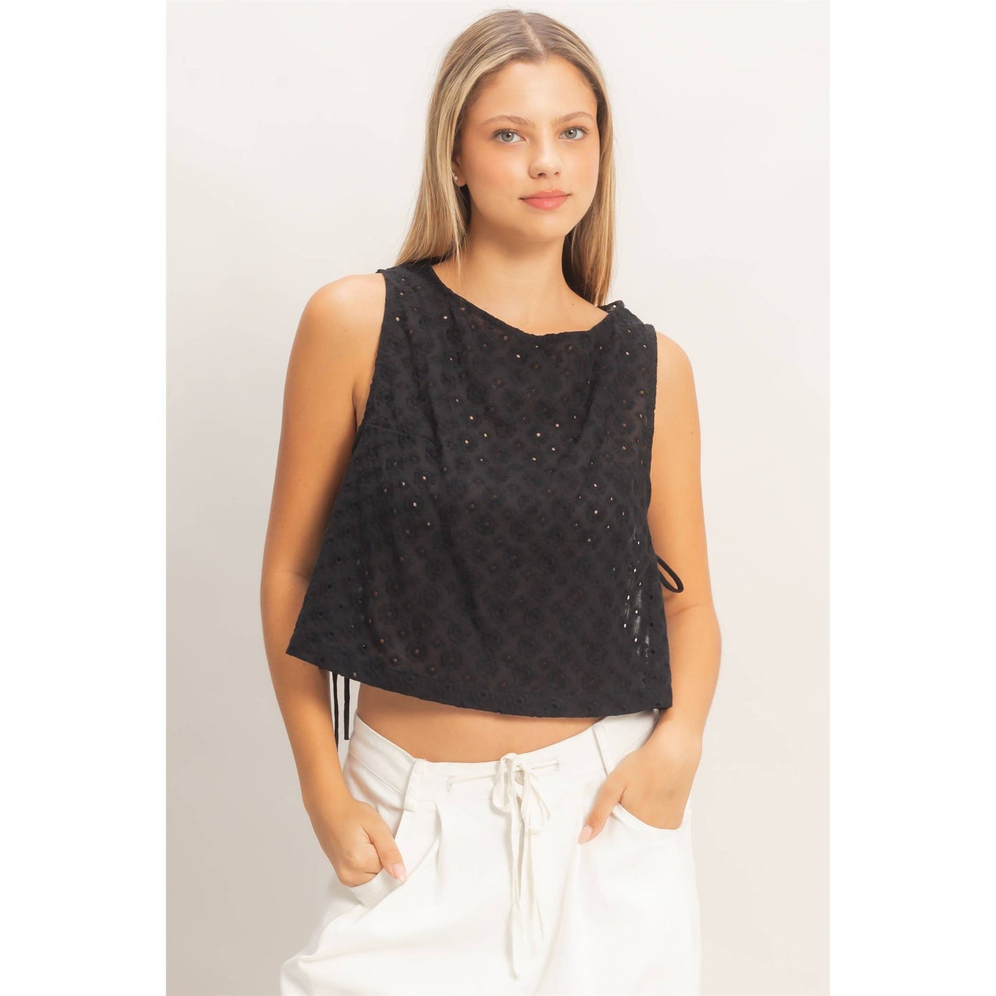 Sleeveless Textured Eyelet Top With Side Straps