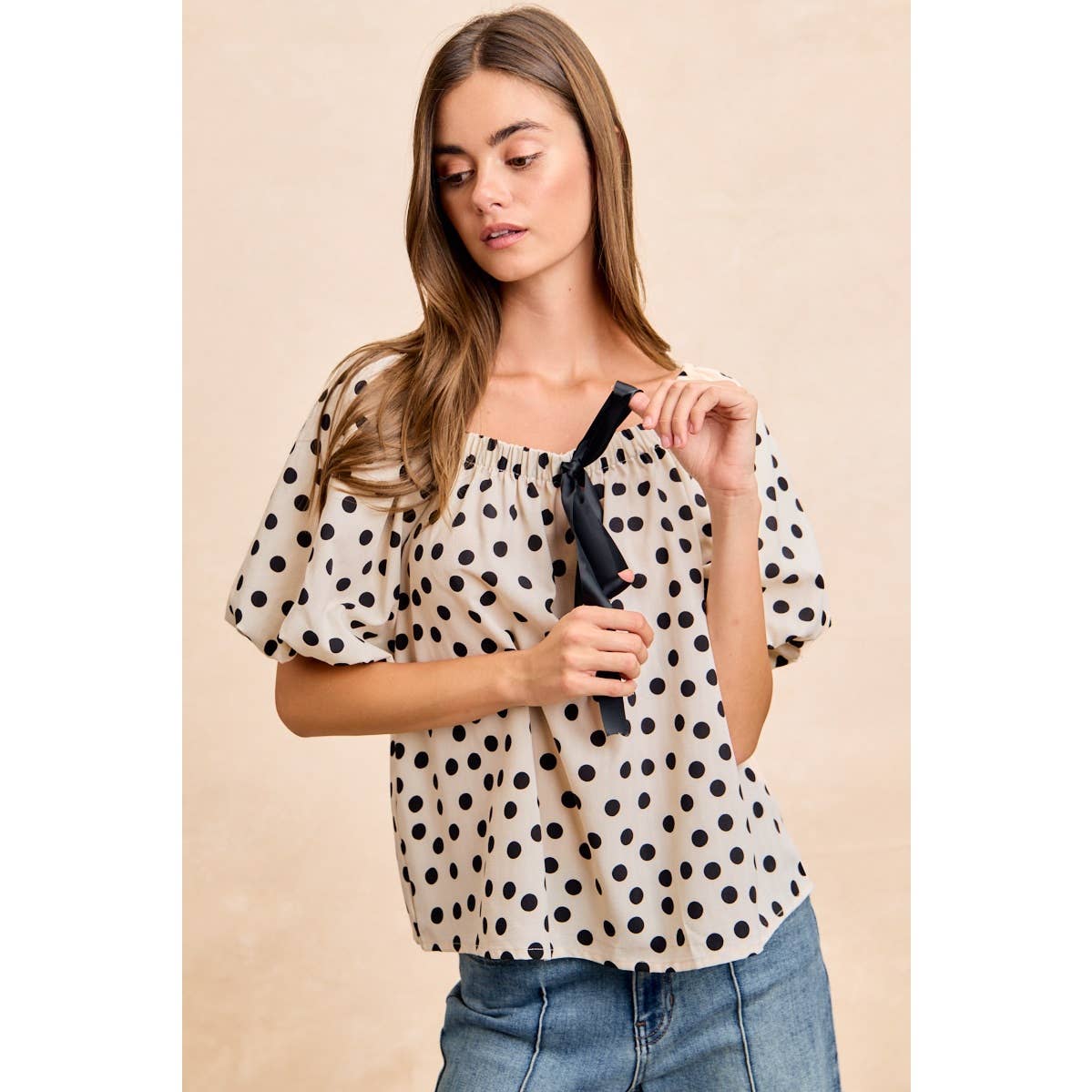 POLKA DOT BOW ELASTIC OPENING PUFF SLEEVES TOP