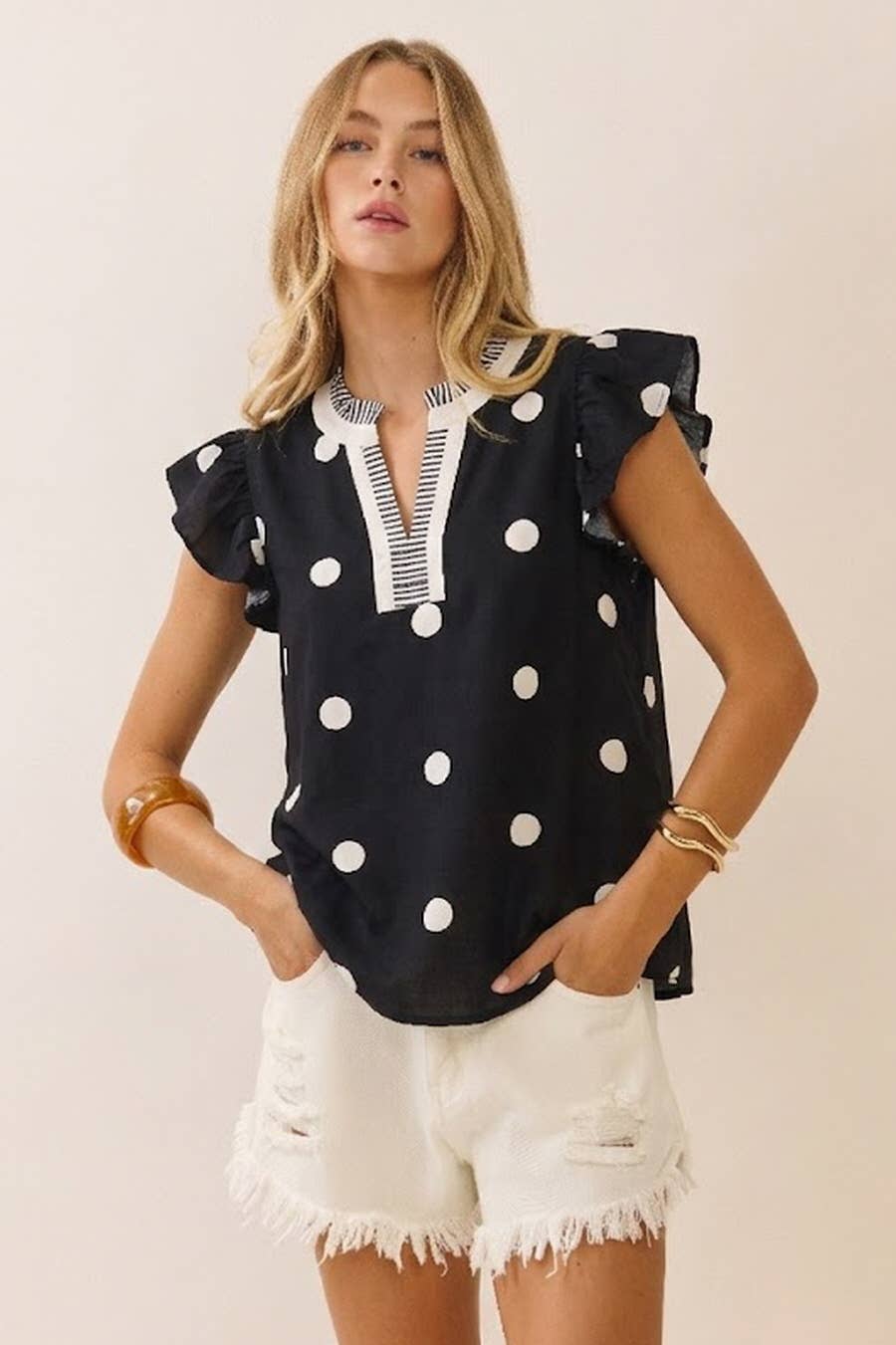 Polka Dot Flutter Sleeve Blouse