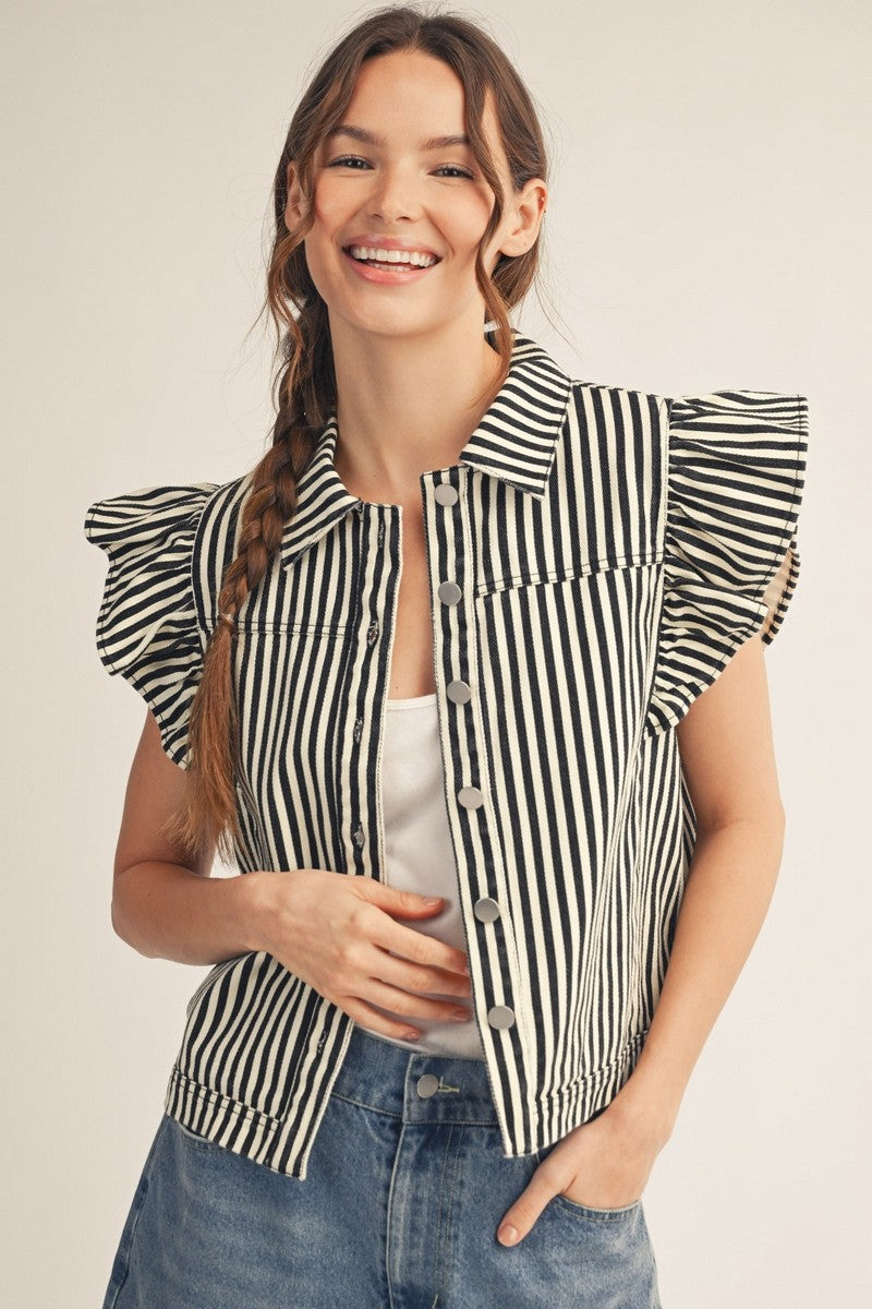 Ruffled Sleeve Stripe Casual Vest