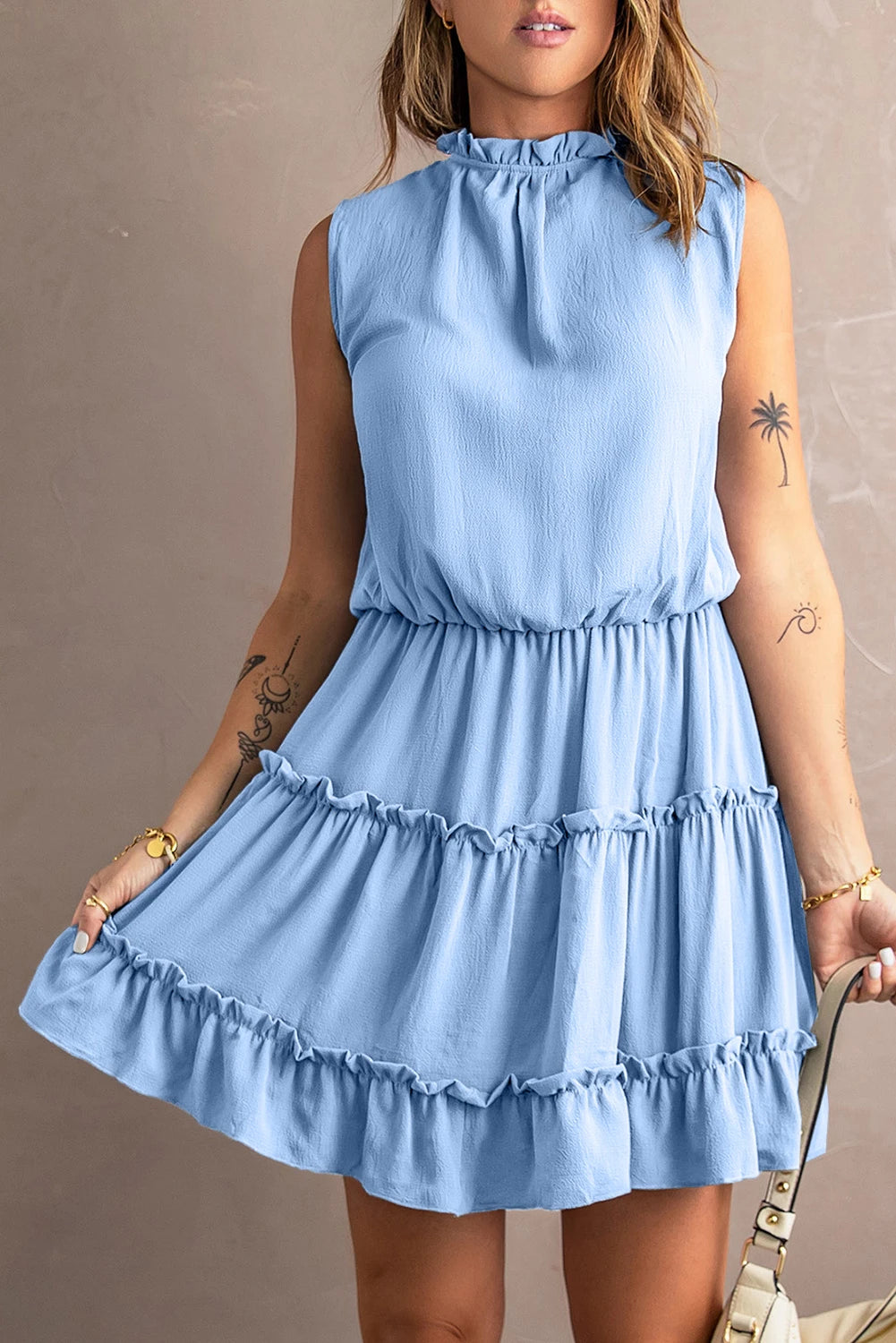 Sky Blue Reversible Frill V Neck Sleeveless Swing Mini Dress