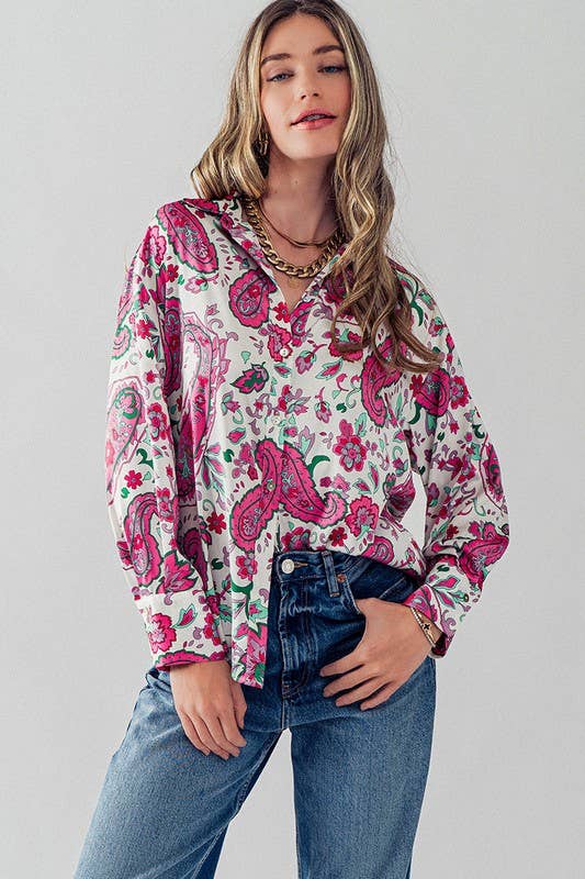 Pink Paisley Print Button Down Shirt