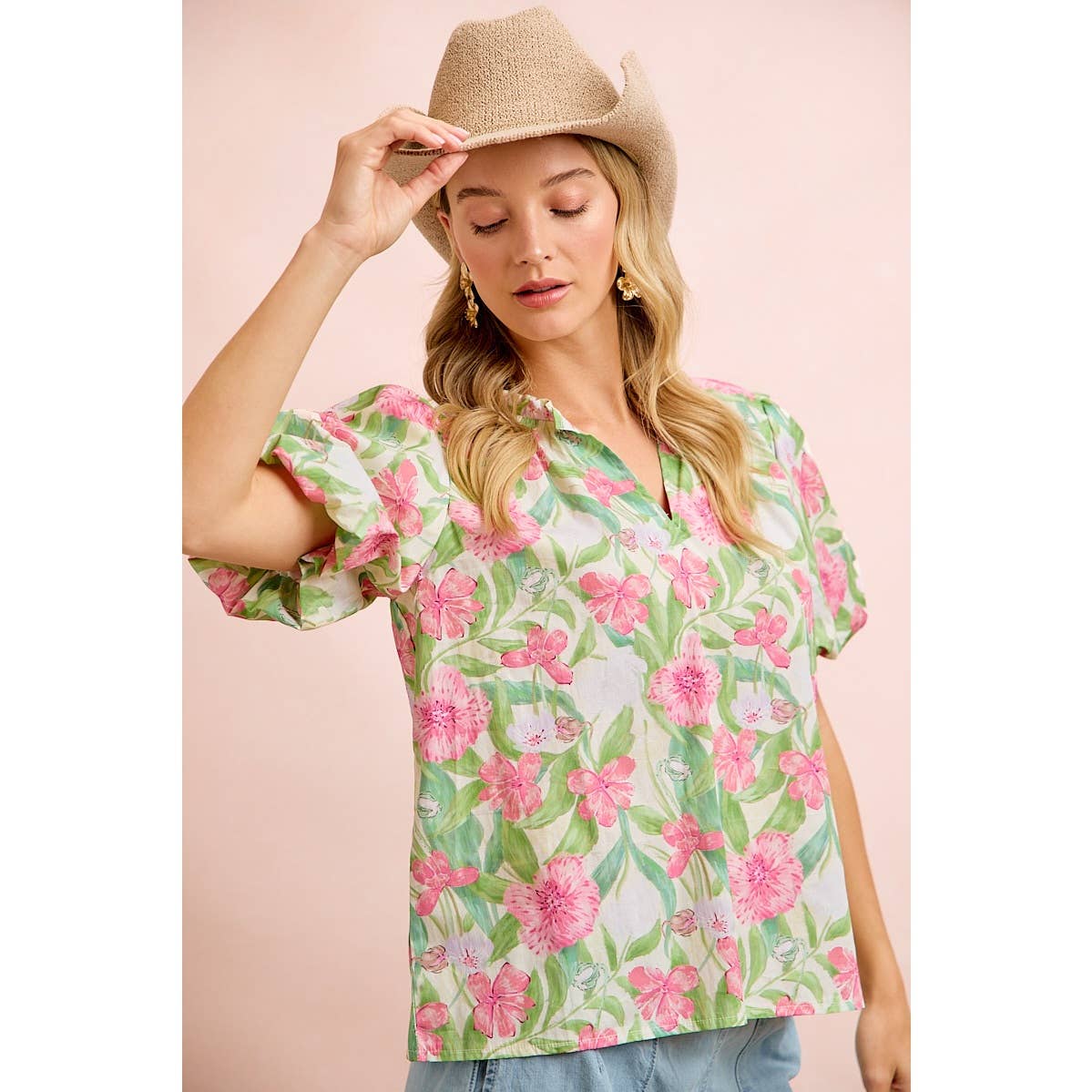 FLOWER PRINTED WOVEN RUFFLED V NECK TOP