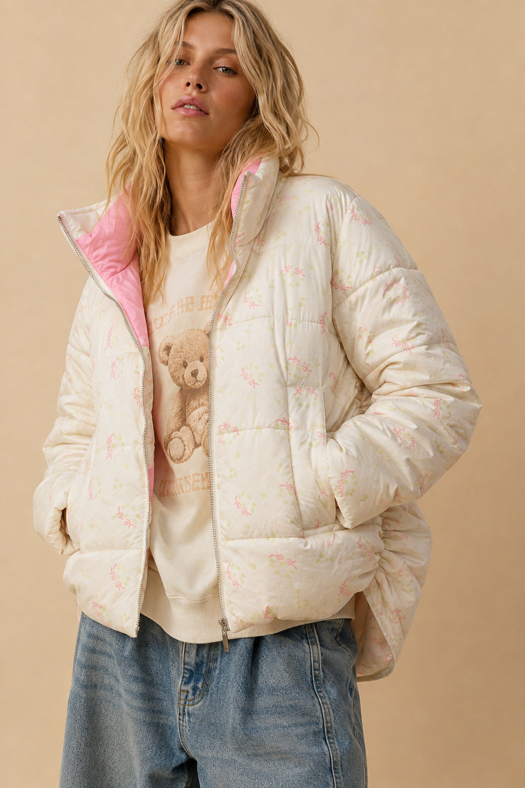 Bow Print Puffer Zipper Jacket