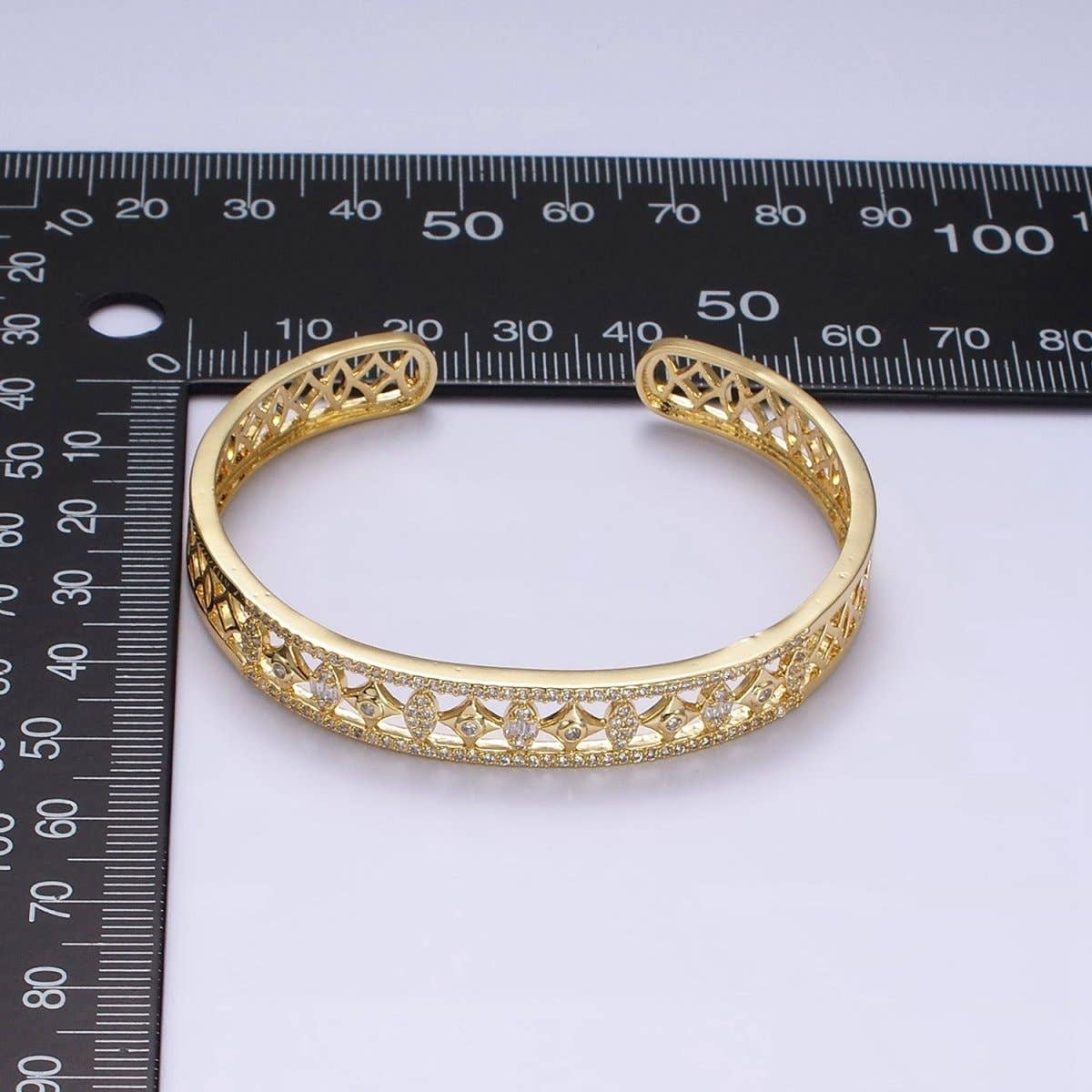 14K Gold Filled Spade Marquise Lined Micro Paved CZ Open Cuff Bangle Bracelet in Gold & Silver | WA-1931 WA-1932 Clearance Pricing