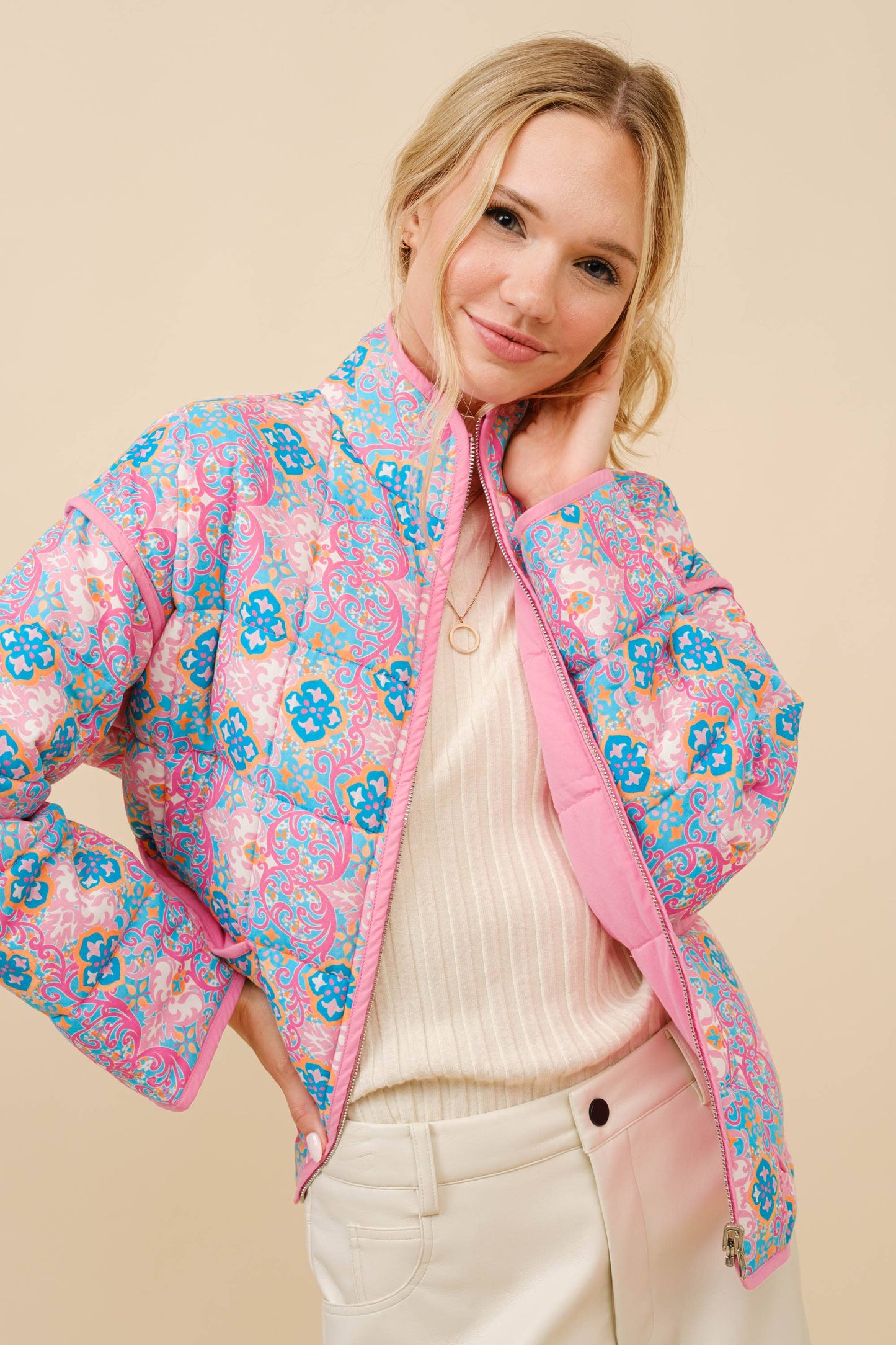 Rayon Challis Floral Reversible Quilted Jacket
