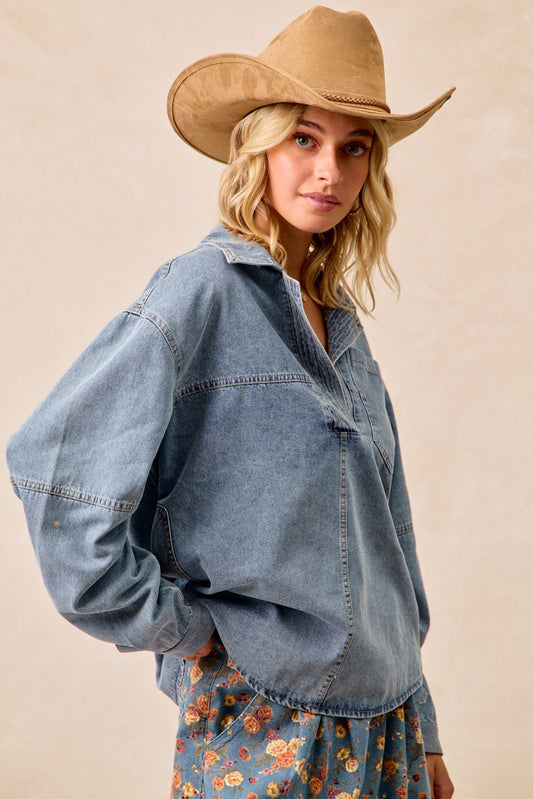 Washed Denim V Neck Collared Top With Side Pocket