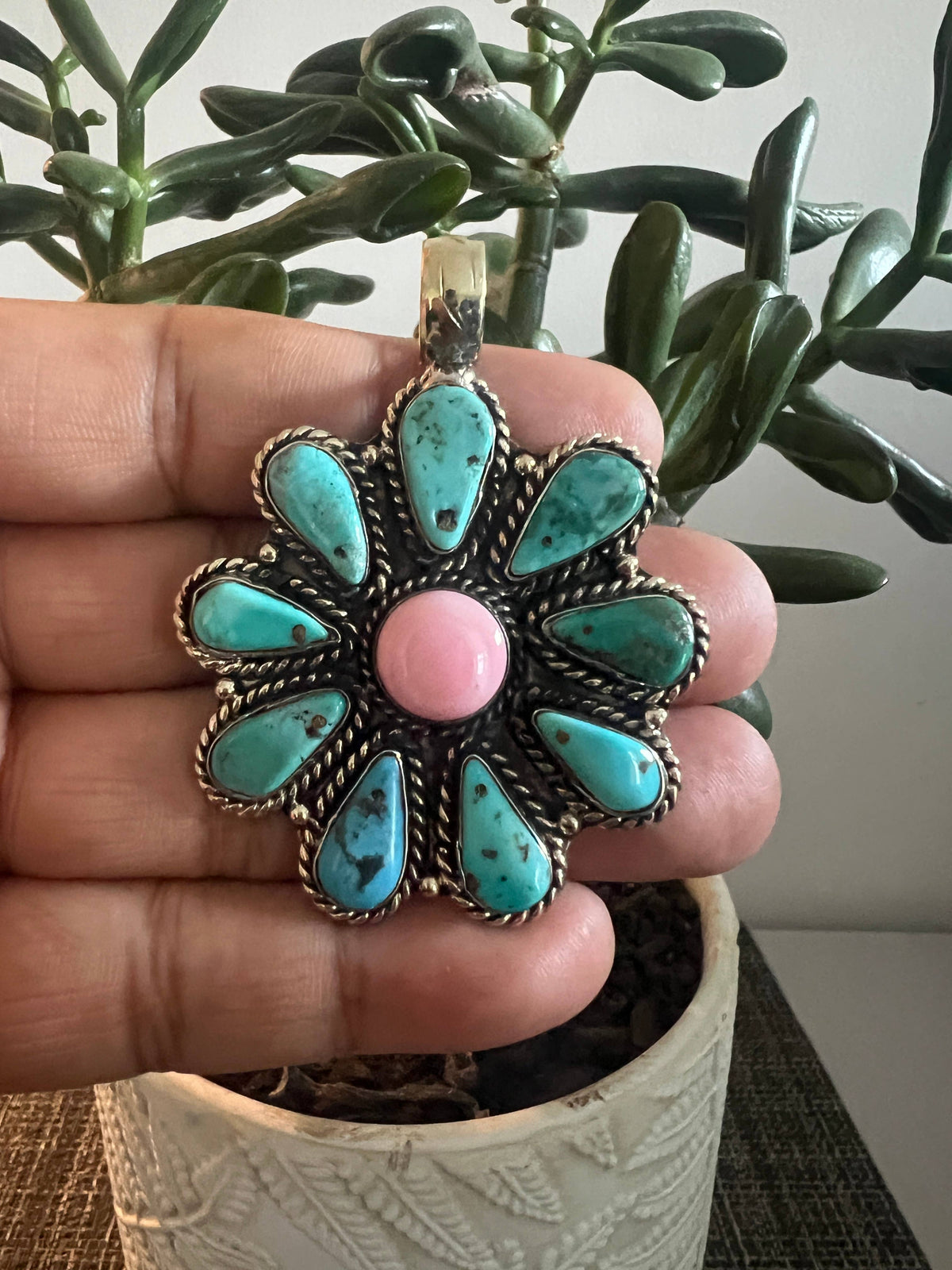 Natural Turquoise with pink conch shell pendant, 2x1.75 inch