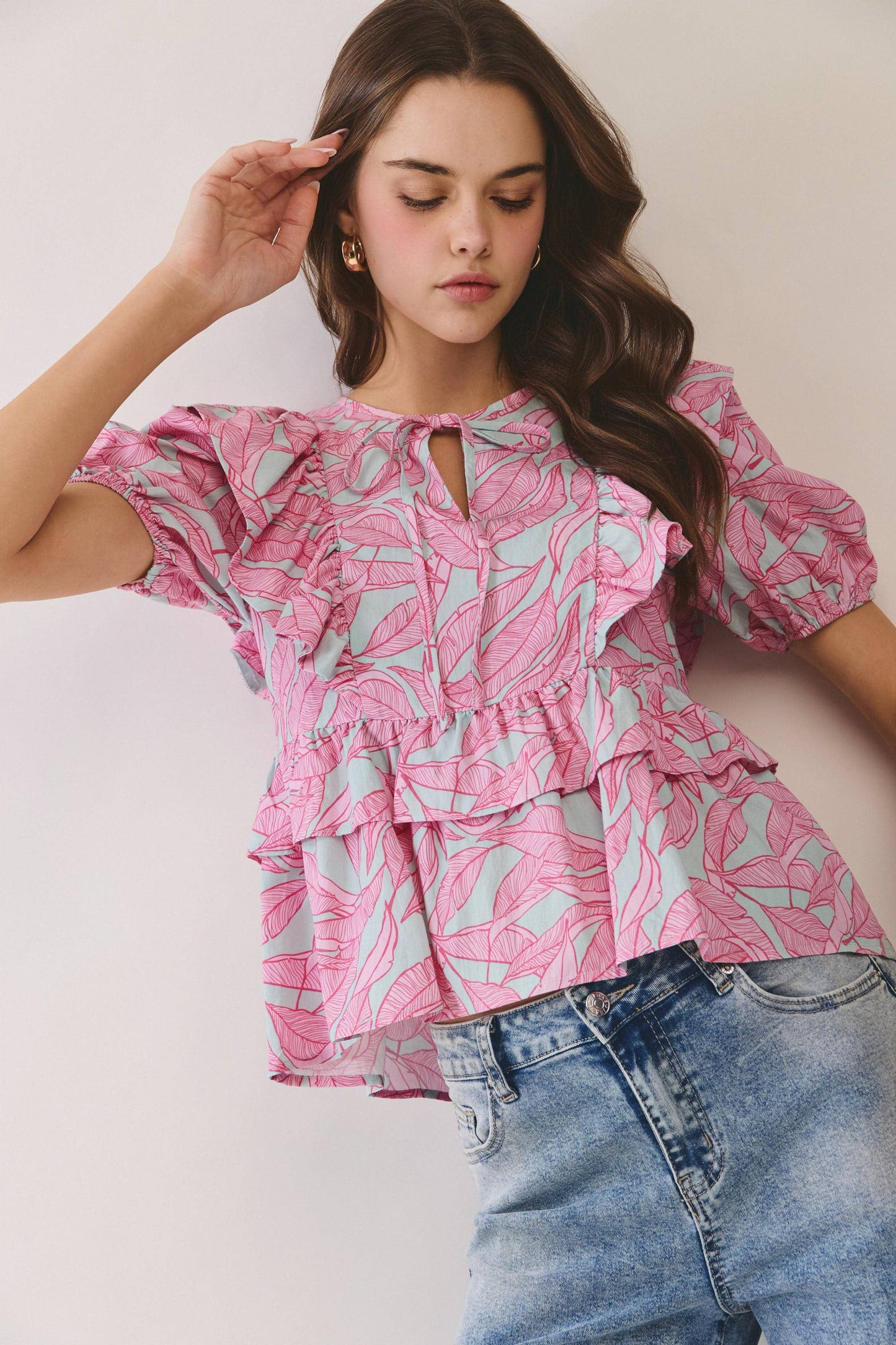 Tropical Leaf Print Ruffle Peplum Top
