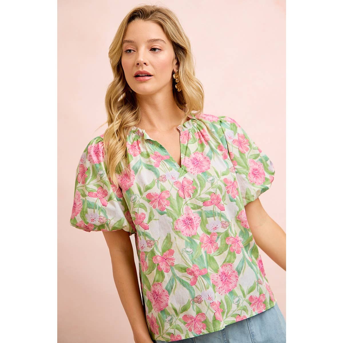 FLOWER PRINTED WOVEN RUFFLED V NECK TOP