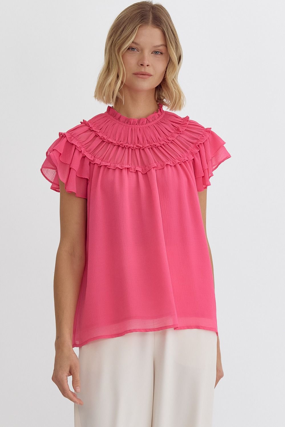 Solid chiffon mock-neck short sleeve top