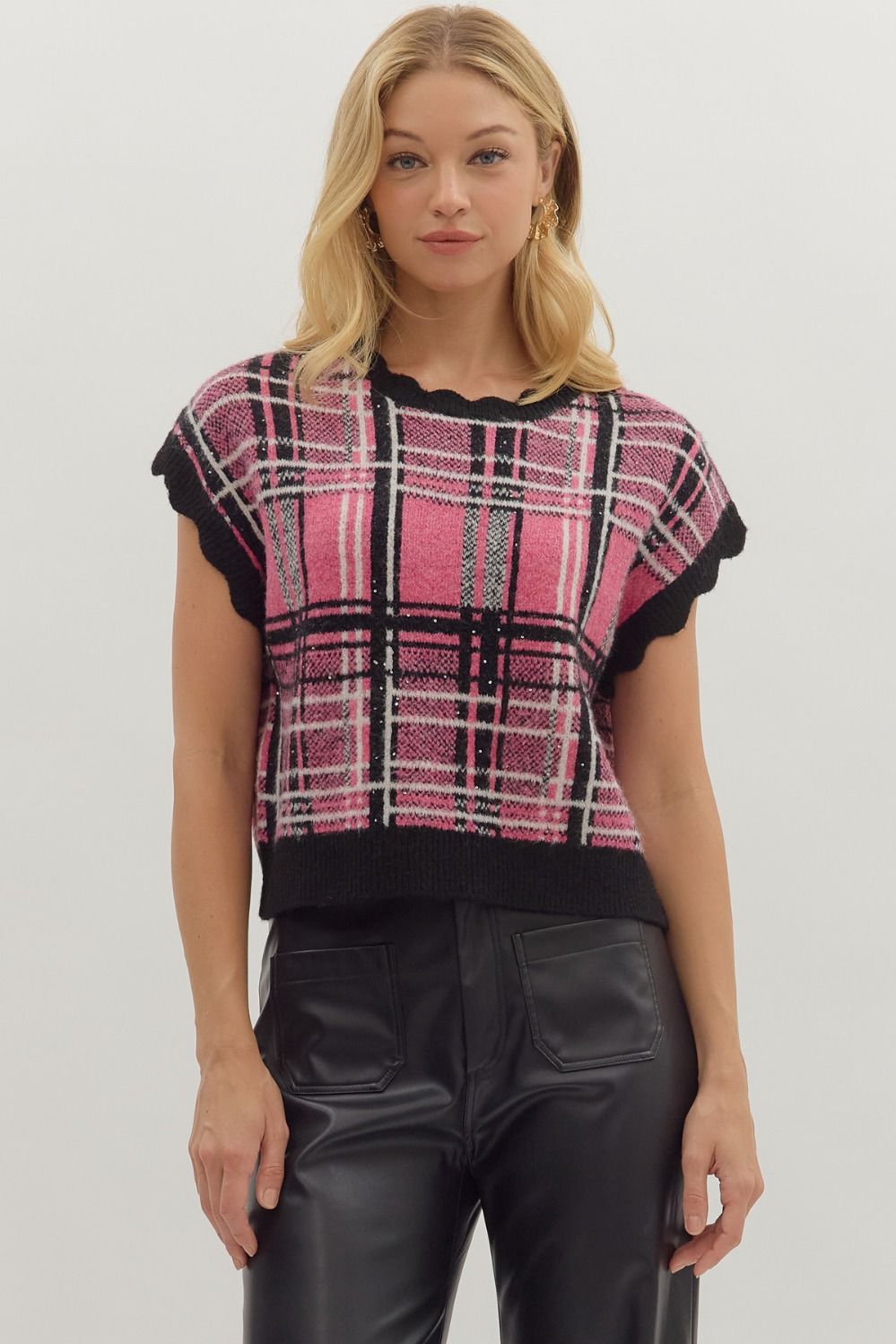 Plaid Short Sleeve Sweater Knit Top