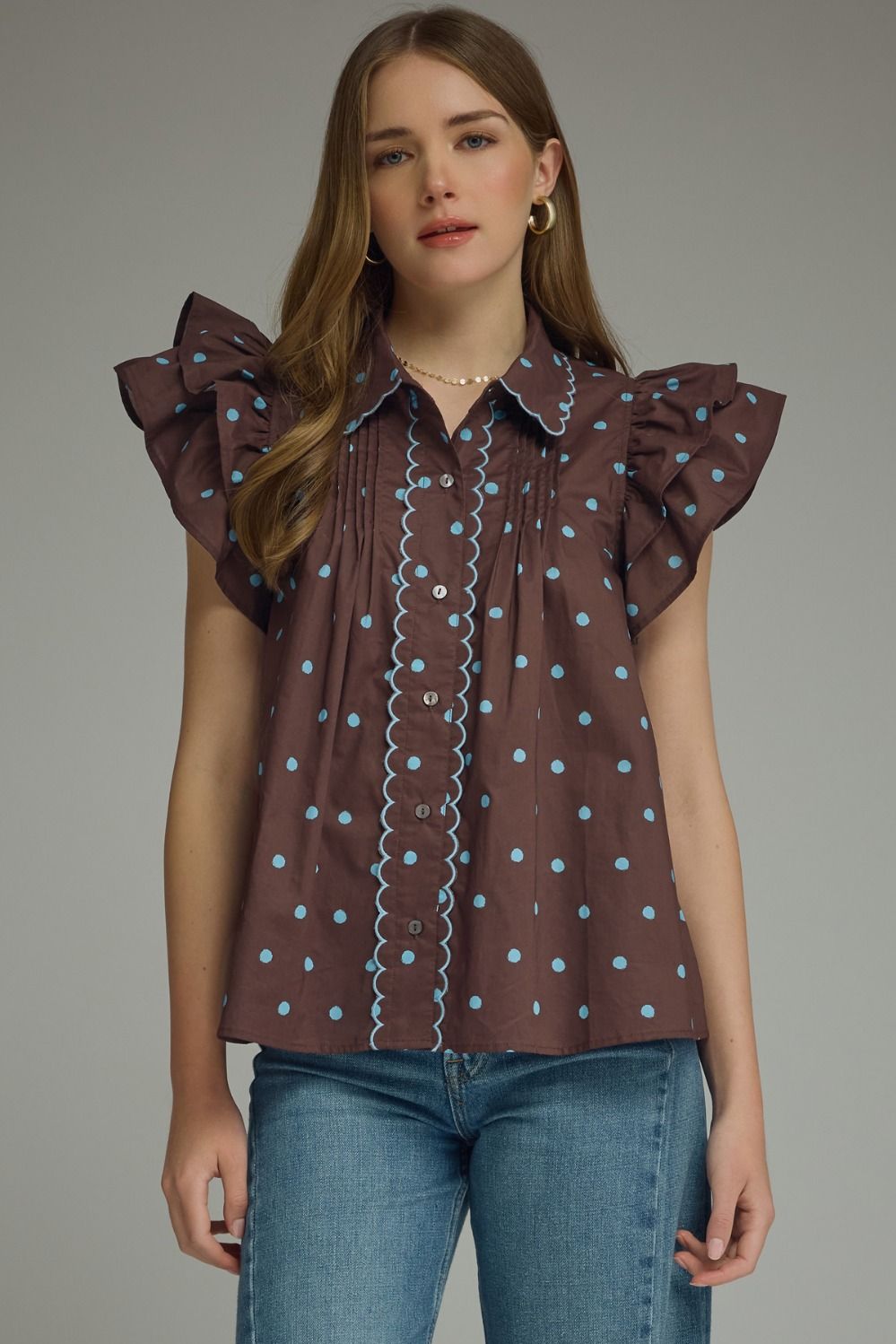 Polka dot scallop detail ruffle sleeve top