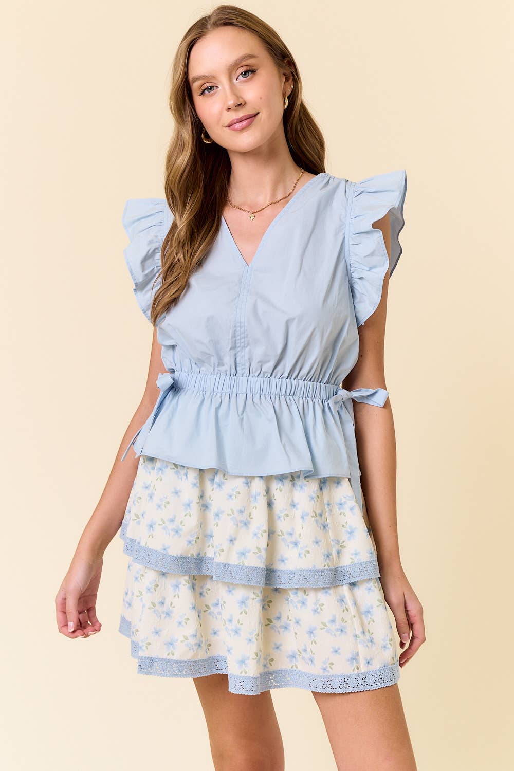 Cotton Poplin Flutter Sleeve Drawstring Waist Tie - 44924T