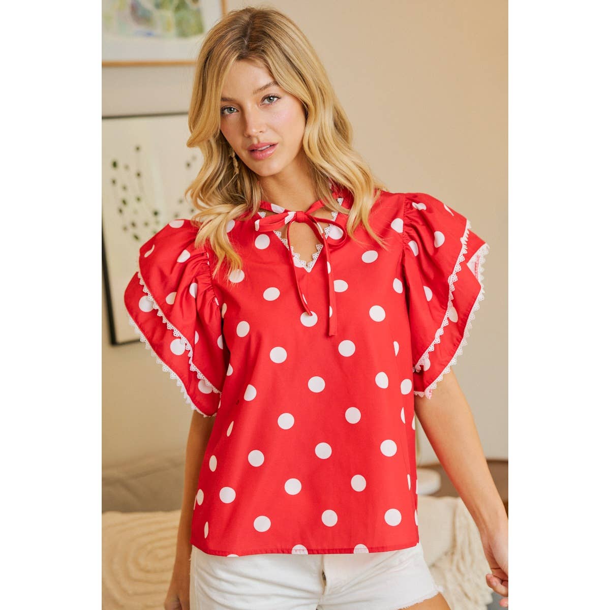 POLKA DOT PRINTED RUFFLE TRIM EDGE BLOUSE TOP