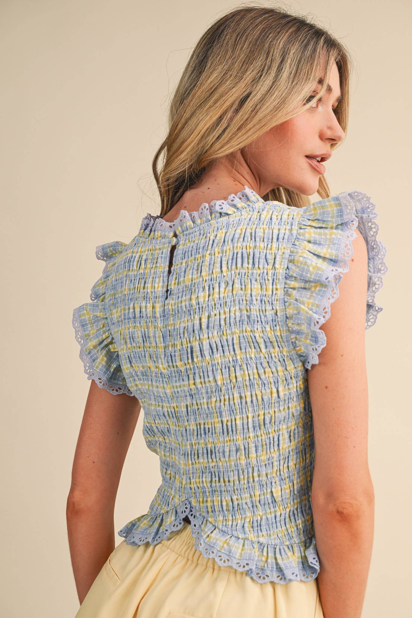 PLAID SMOCKED LACE TRIM TOP