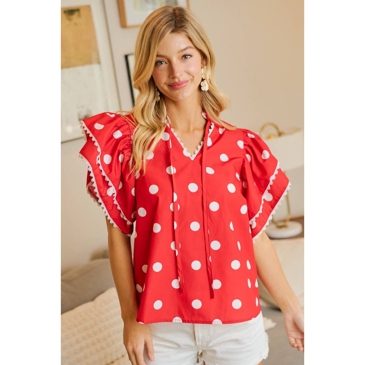 POLKA DOT PRINTED RUFFLE TRIM EDGE BLOUSE TOP