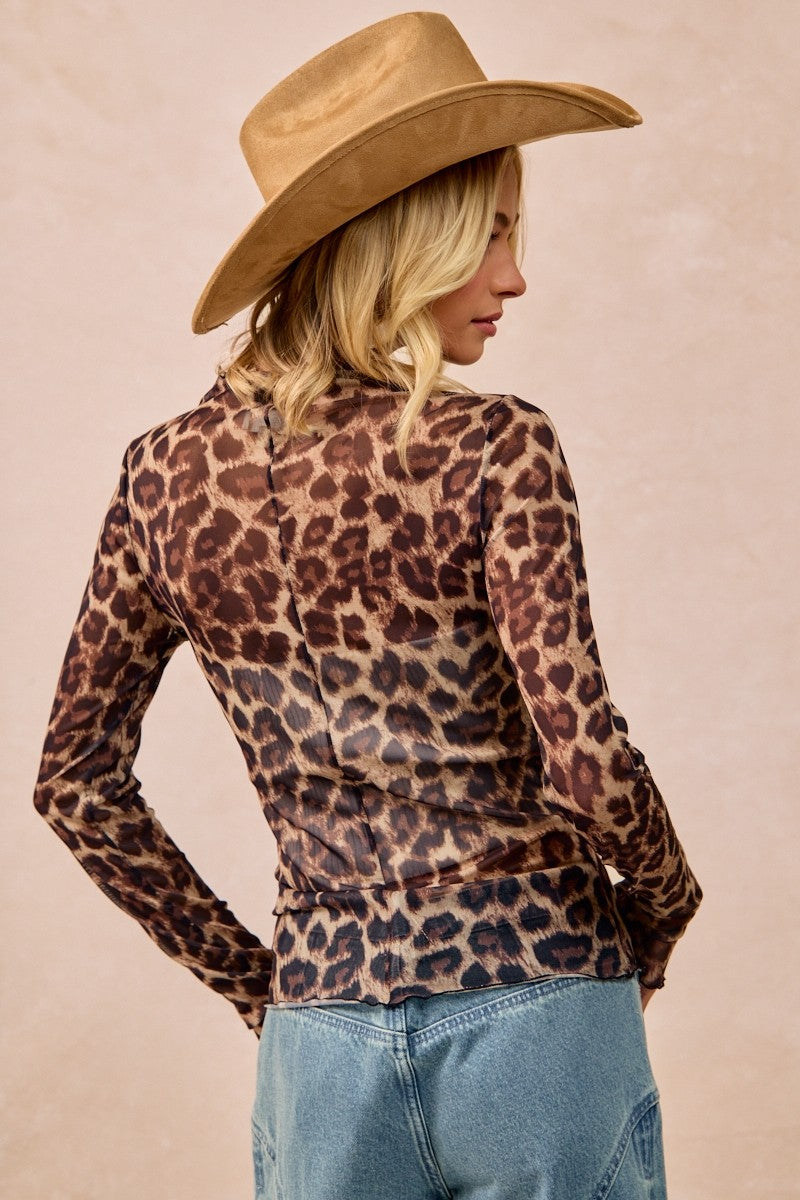 Mesh Leopard Printed Top With Long Sleeves