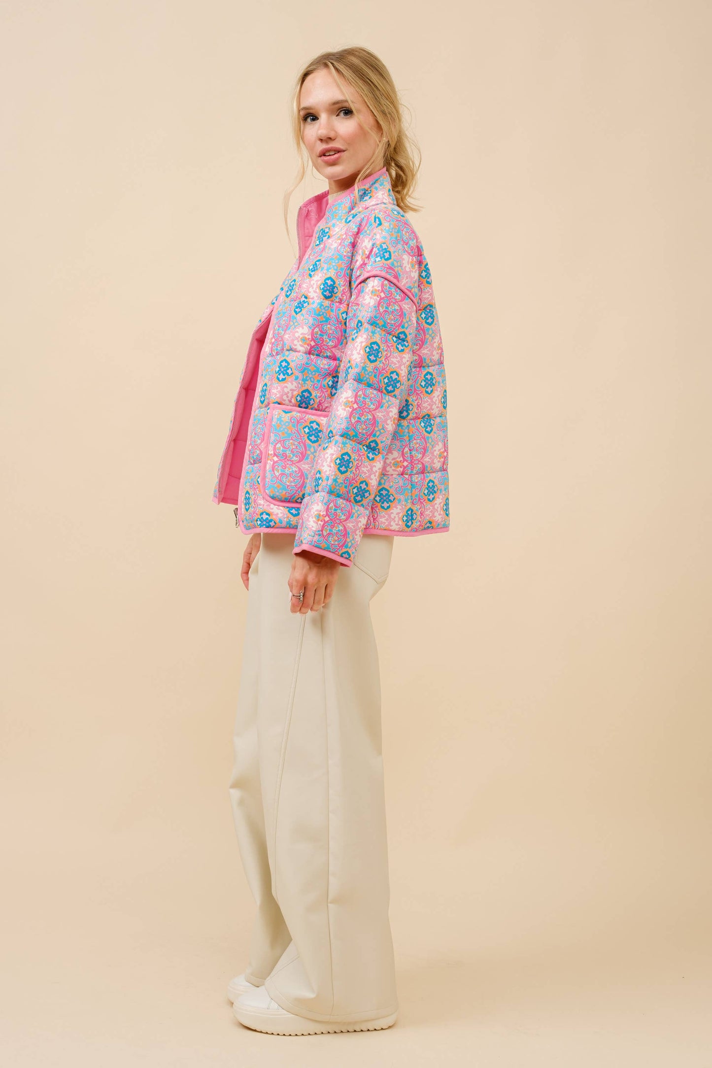Rayon Challis Floral Reversible Quilted Jacket