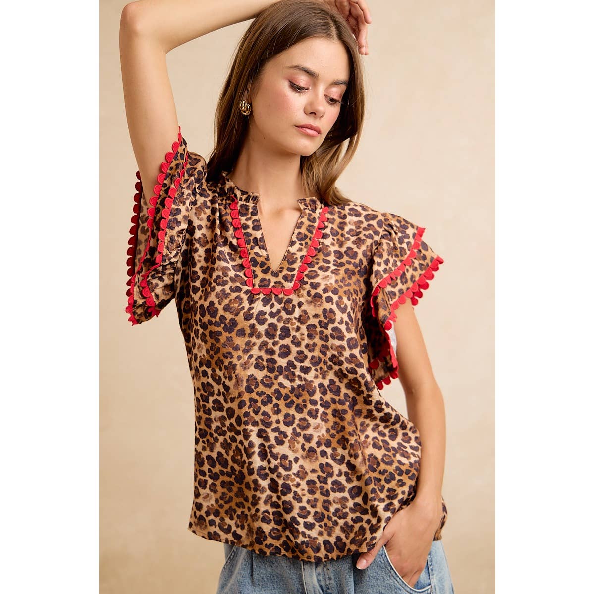 LEOPARD PRINTED WOVEN RIC RAC TRIM V NECK TOP