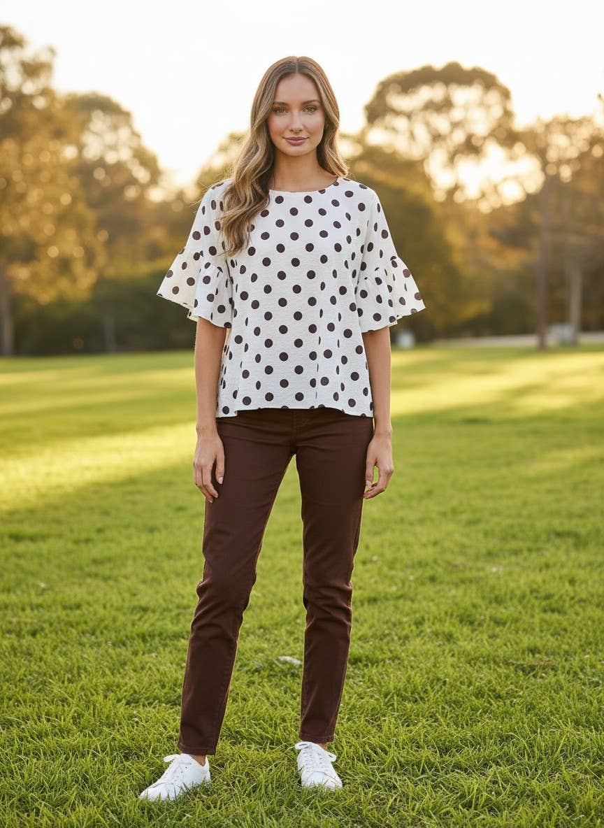 Polka Dot Wild Ruffle Sleeve Flowy Blouse Top VT83104D
