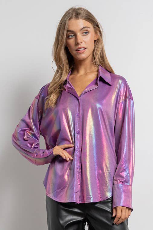 Rainbow Button Up Long Sleeve Blouse Shirt