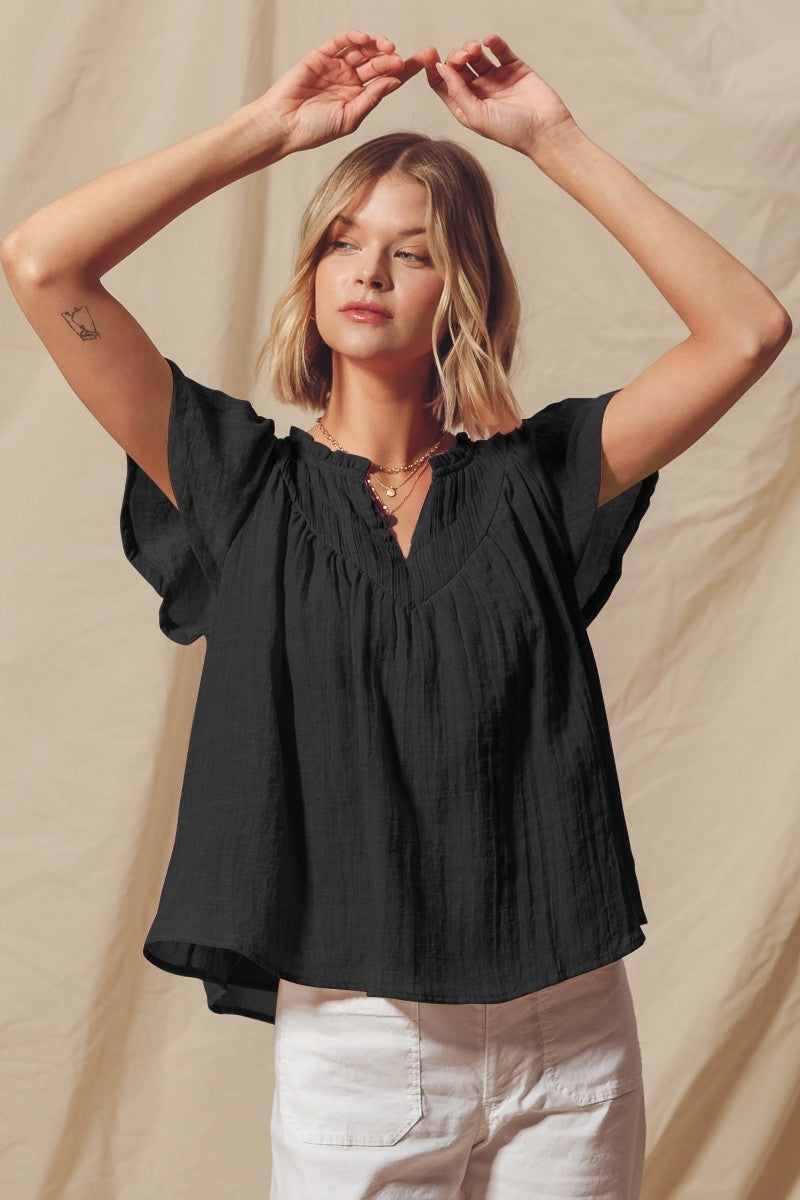 FLOWY NOTCHED PIN TUCK BOHO BLOUSE