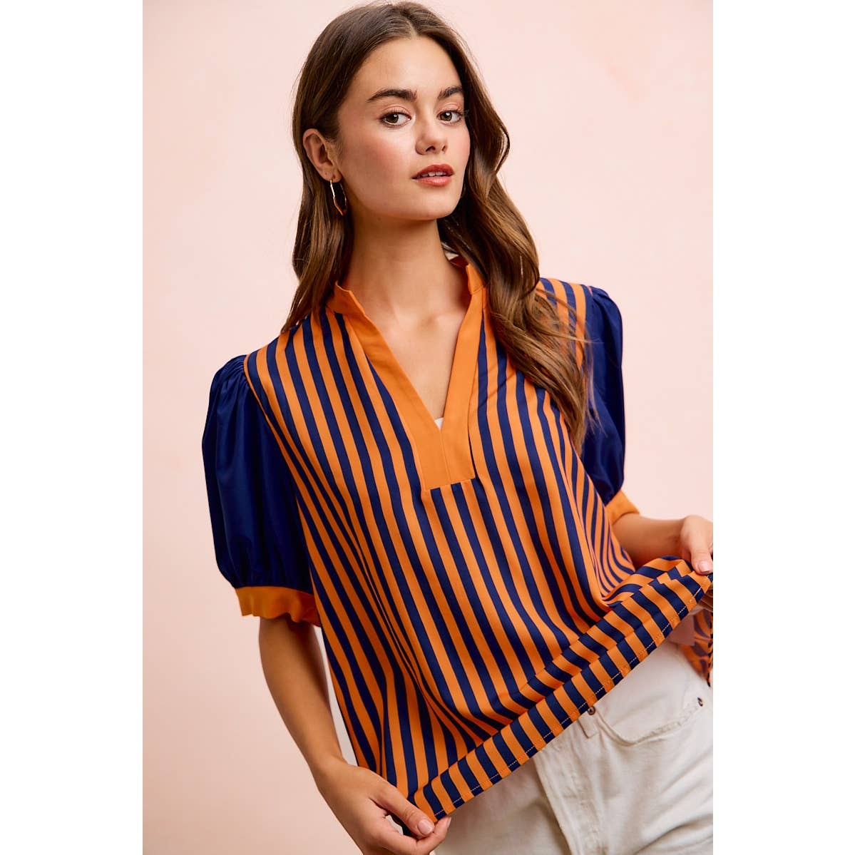 GAMEDAY THEME STRIPED WOVEN BLOUSE TOP
