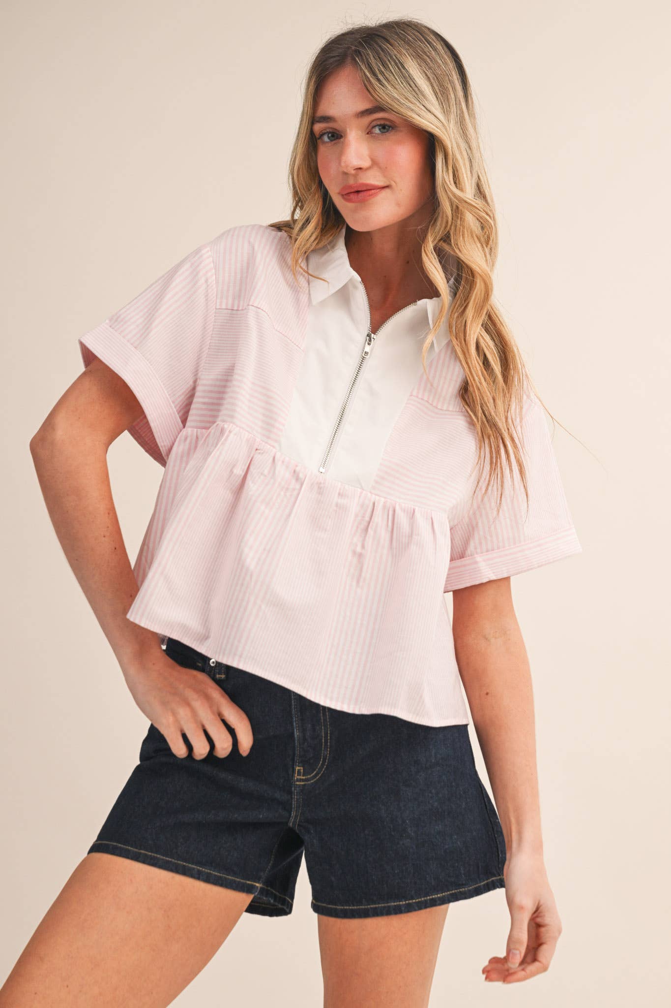 STRIPED HALF ZIP BABYDOLL TOP