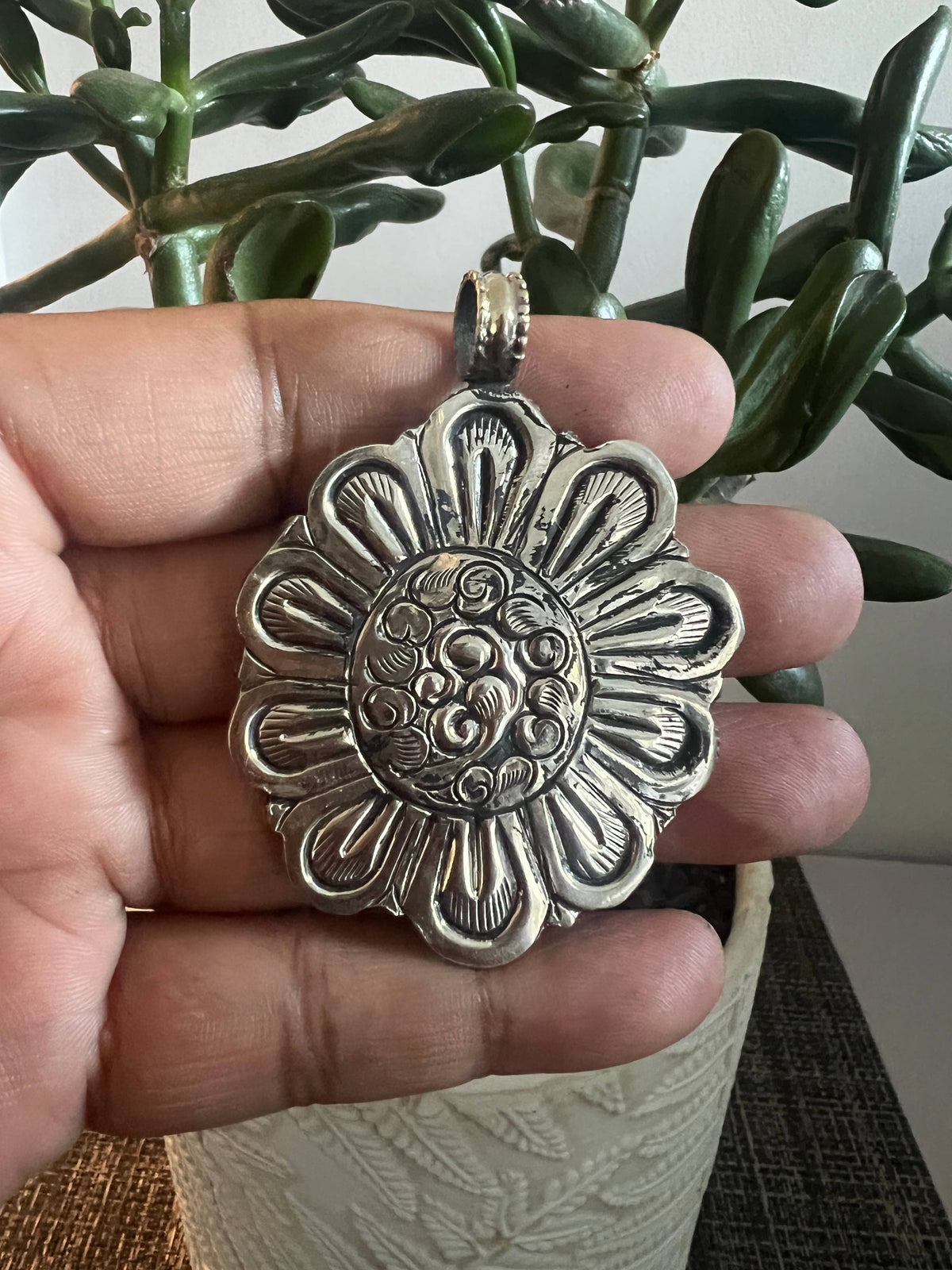 Natural Turquoise floral carved pendant, Handcrafted