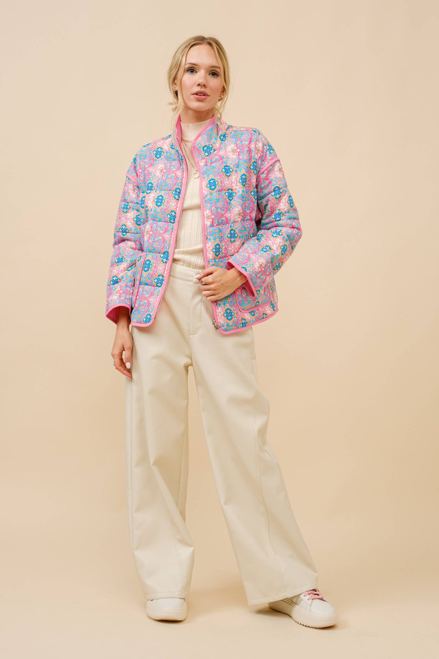 Rayon Challis Floral Reversible Quilted Jacket